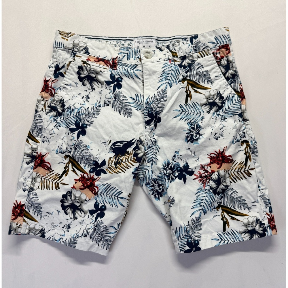 Denim & Flower Ricky Singh Chino Shorts Men 30 White Multi Tropical Floral Print